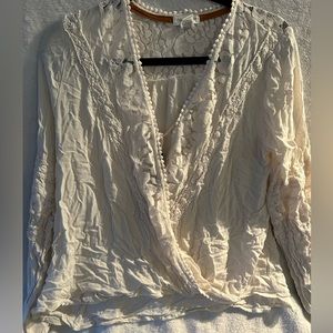 Clover + Scout, long sleeve cream top, Lacey tunic, open tie front